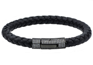 Mens Black Leather and Black Stainless Steel Bracelet With Cubic Zirconia - Blackjack Jewelry