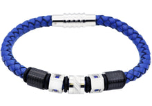 Load image into Gallery viewer, Mens Blue Leather And Stainless Steel Bracelet With Blue Cubic Zirconia - Blackjack Jewelry
