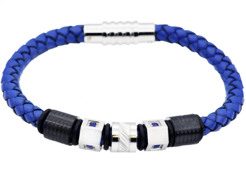 Mens Blue Leather And Stainless Steel Bracelet With Blue Cubic Zirconia - Blackjack Jewelry
