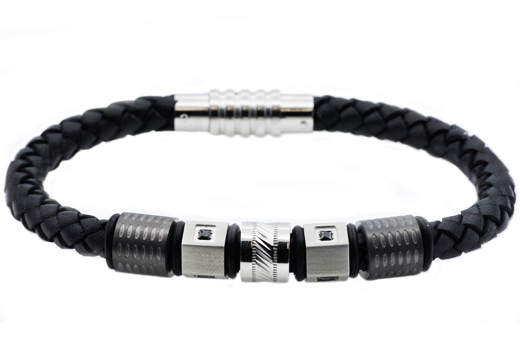 Mens Black Leather And Stainless Steel Bracelet With Black Cubic Zirconia - Blackjack Jewelry