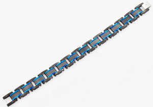 Mens Black Plated Textured Stainless Steel Bracelet With Blue Plated Lines - Blackjack Jewelry