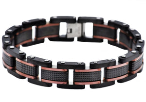 Mens Black Plated Textured Stainless Steel Bracelet With Chcoloate Plated Lines - Blackjack Jewelry