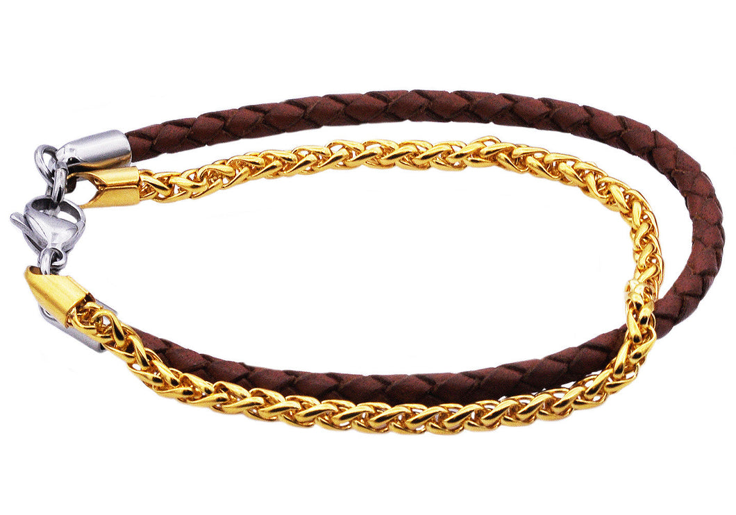 Mens Gold Stainless Steel Brown Leather Bracelet - Blackjack Jewelry