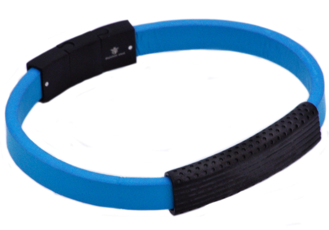 Mens Black Stainless Steel And Blue Silicone Bracelet - Blackjack Jewelry