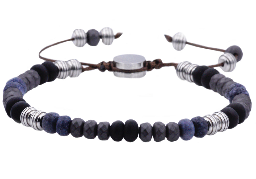 Mens Genuine Hematite Stainless Steel Beaded Bracelet