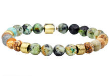 Load image into Gallery viewer, Mens Genuine African Turqoise And Jasper Gold Stainless Steel Beaded Bracelet - Blackjack Jewelry
