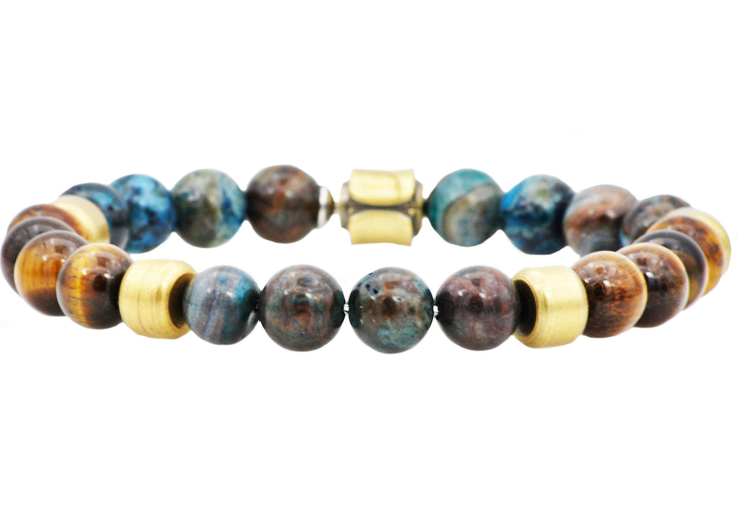 Mens Genuine Blue Crazy Lace And Tiger Eye Gold Stainless Steel Beaded Bracelet - Blackjack Jewelry
