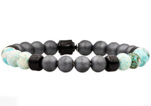 Load image into Gallery viewer, Mens Genuine African Turqoise And Hematite Black Plated Stainless Steel Beaded Bracelet - Blackjack Jewelry
