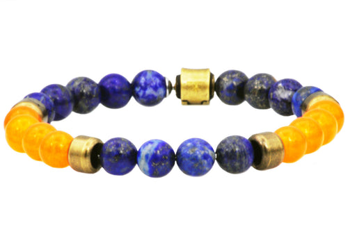Mens Genuine Lapis Lazuli And Orange Carnelian Gold Stainless Steel Beaded Bracelet - Blackjack Jewelry