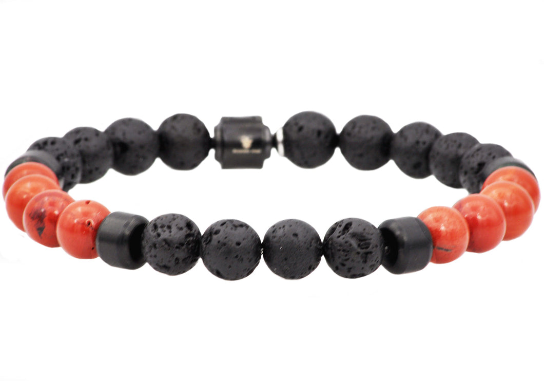 Mens Genuine Lava Stone And Red Fossil Black Plated Stainless Steel Beaded Bracelet - Blackjack Jewelry