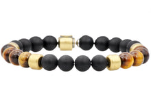 Load image into Gallery viewer, Mens Genuine Onyx And Tiger Eye Gold Stainless Steel Beaded Bracelet - Blackjack Jewelry
