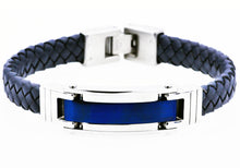Load image into Gallery viewer, Mens Blue Stainless Steel Blue Leather Bracelet - Blackjack Jewelry
