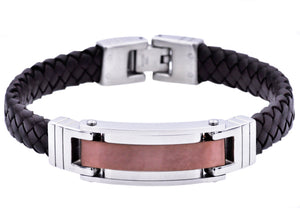 Mens Chocolate Stainless Steel Brown Leather Bracelet - Blackjack Jewelry