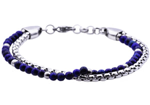 Mens Genuine Lapis Lazuli Stainless Steel Beaded Bracelet - Blackjack Jewelry