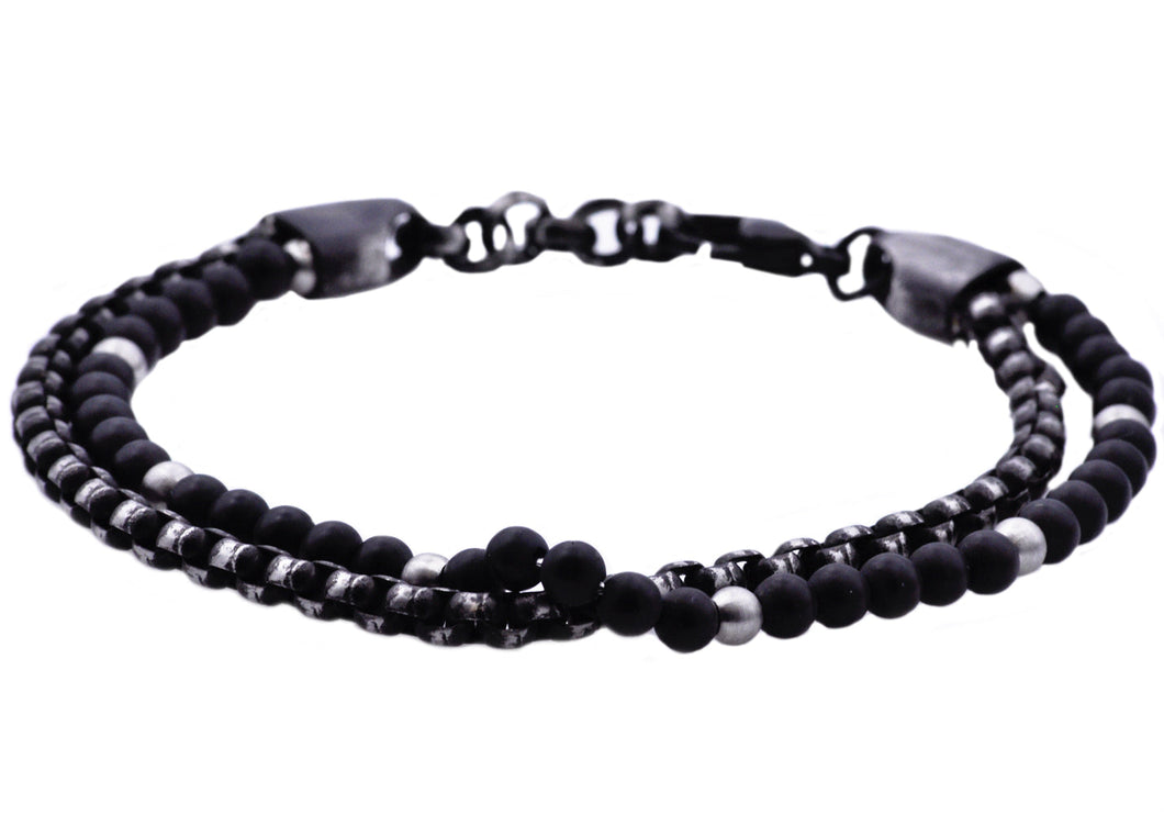 Mens Genuine Onyx Black Stainless Steel Beaded Bracelet - Blackjack Jewelry