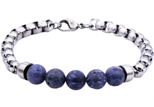Mens Genuine Blue Coral Stainless Steel Beaded And Rolo Link Chain Bracelet - Blackjack Jewelry