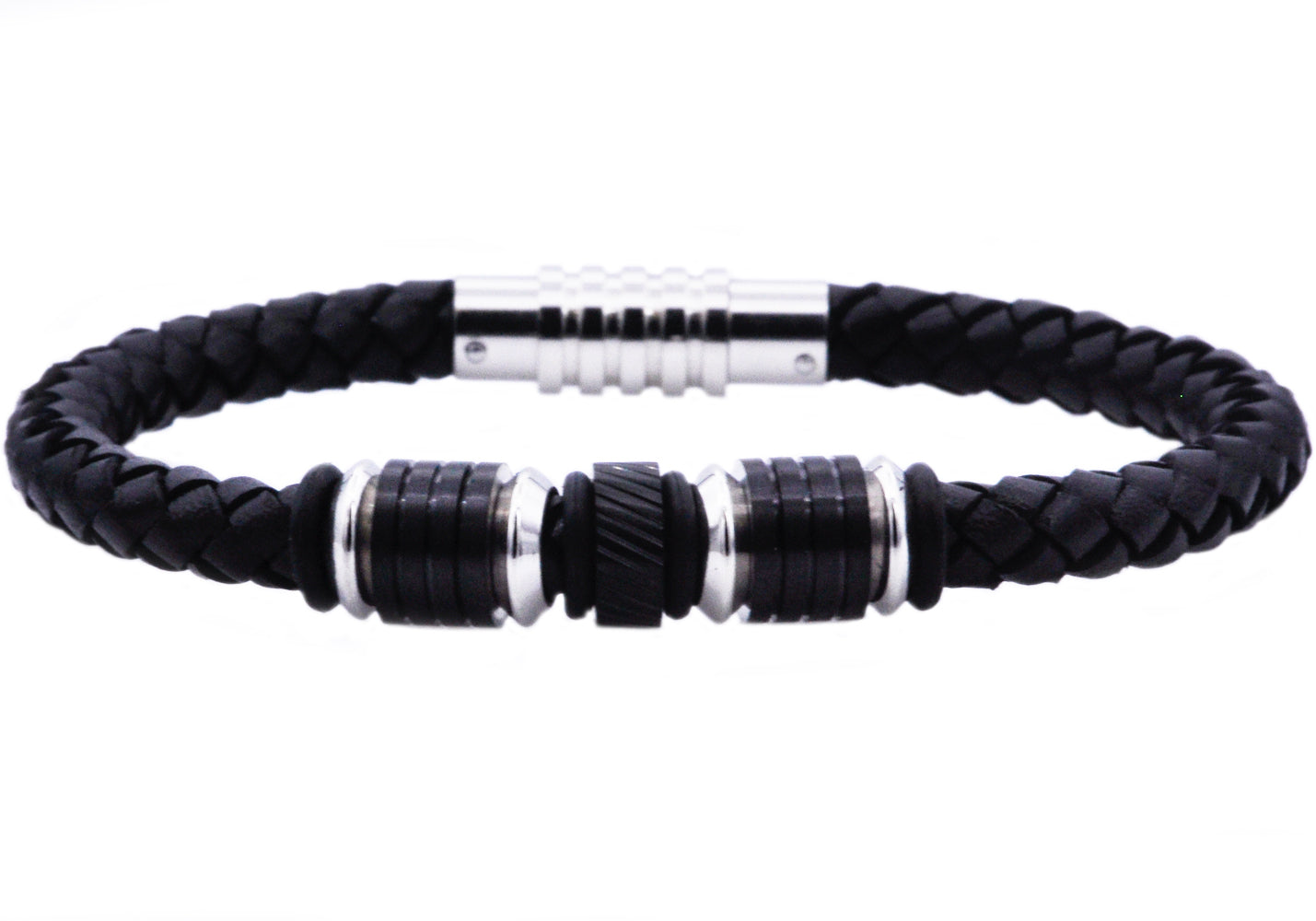 『HER LEATHER BRACE BLACK』 Mens Black Leather Stainless Steel Bracelet