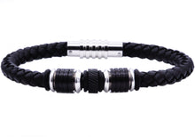 Load image into Gallery viewer, Mens Black Leather Stainless Steel Bracelet - Blackjack Jewelry

