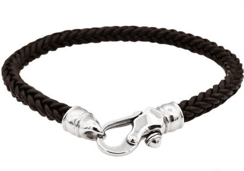 Mens Brown Leather Stainless Steel Bracelet - Blackjack Jewelry