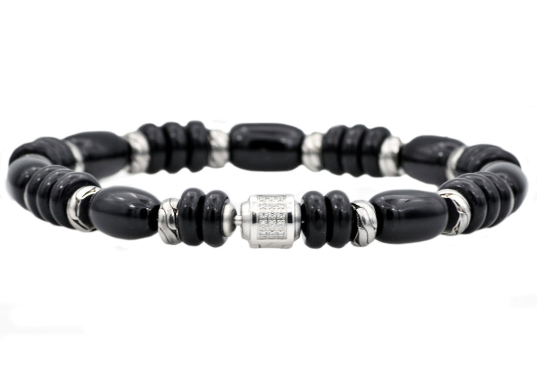 Mens Genuine Onyx Stainless Steel Beaded Bracelet With Cubic Zirconia - Blackjack Jewelry