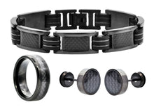 Load image into Gallery viewer, Mens Black Stainless Steel And Carbon Fiber Bracelet Ring And Earring Set - Blackjack Jewelry
