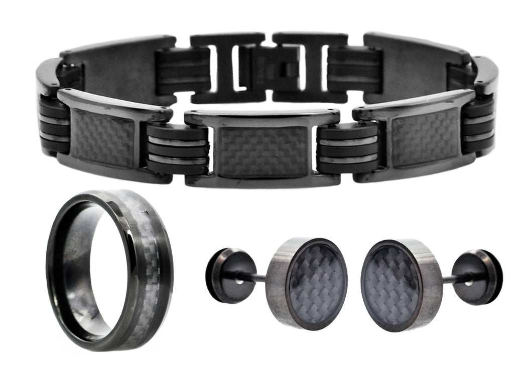 Mens Black Stainless Steel And Carbon Fiber Bracelet Ring And Earring Set - Blackjack Jewelry