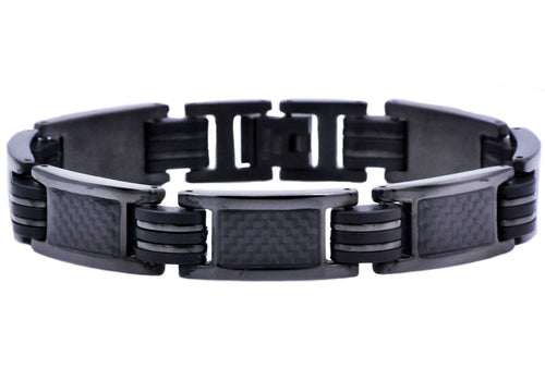 Mens Black Silicone And Black Plated Stainless Steel Bracelet With Carbon Fiber - Blackjack Jewelry