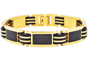 Mens Black Silicone And Gold Stainless Steel Bracelet With Carbon Fiber