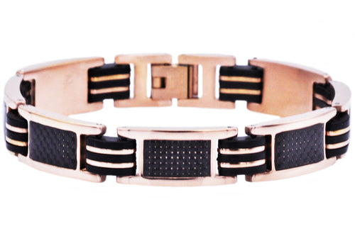 Mens Black Silicone And Rose Stainless Steel Bracelet With Carbon Fiber - Blackjack Jewelry