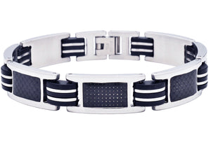 Mens Black Silicone And Stainless Steel Bracelet With Carbon Fiber