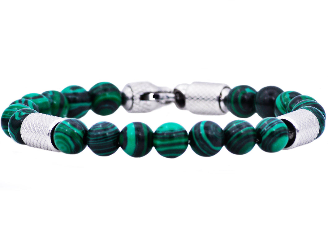 Mens Genuine Malachite Stainless Steel Beaded Bracelet - Blackjack Jewelry