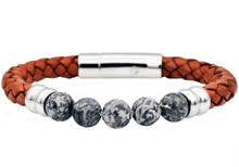 Load image into Gallery viewer, Mens Genuine Gray Jasper And Brown Leather Stainless Steel Beaded Bracelet - Blackjack Jewelry

