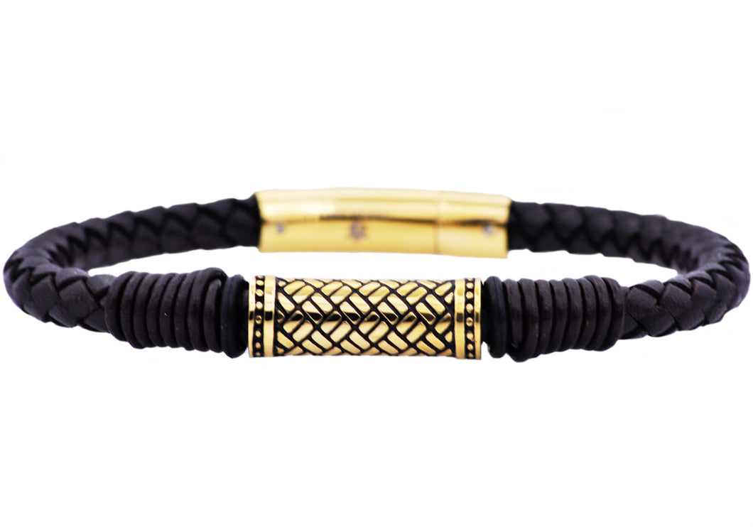 Mens Black Leather Gold Stainless Steel Bracelet - Blackjack Jewelry