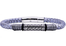 Load image into Gallery viewer, Mens Gray Leather Stainless Steel Bracelet - Blackjack Jewelry
