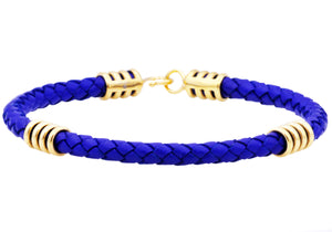 Mens Blue Leather Gold Stainless Steel Bracelet - Blackjack Jewelry
