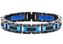 Load image into Gallery viewer, Mens Black And Blue Stainless Steel Bracelet With Black Plated Cables - Blackjack Jewelry
