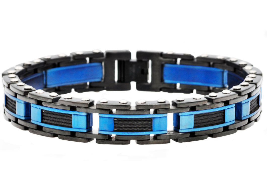 Mens Black And Blue Stainless Steel Bracelet With Black Plated Cables - Blackjack Jewelry