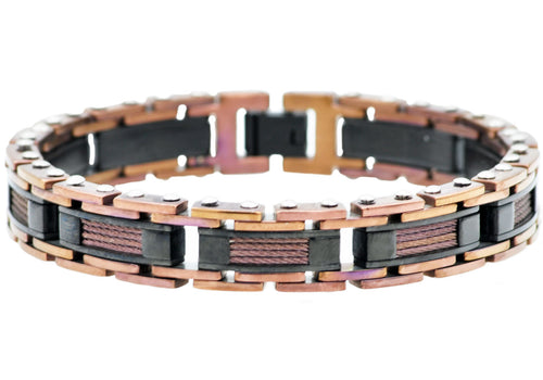 Mens Chocolate And Black Stainless Steel Bracelet With Chocolate Plated Cables - Blackjack Jewelry