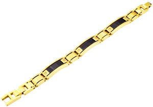 Mens Stainless Gold Plated Steel Bracelet With Carbon Fiber And Cubic Zirconia - Blackjack Jewelry