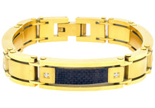 Load image into Gallery viewer, Mens Stainless Gold Plated Steel Bracelet With Carbon Fiber And Cubic Zirconia - Blackjack Jewelry
