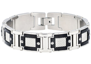 Men's Black & Silver Stainless Steel Diamond Cut Link Bracelet With Screw Accents - Blackjack Jewelry