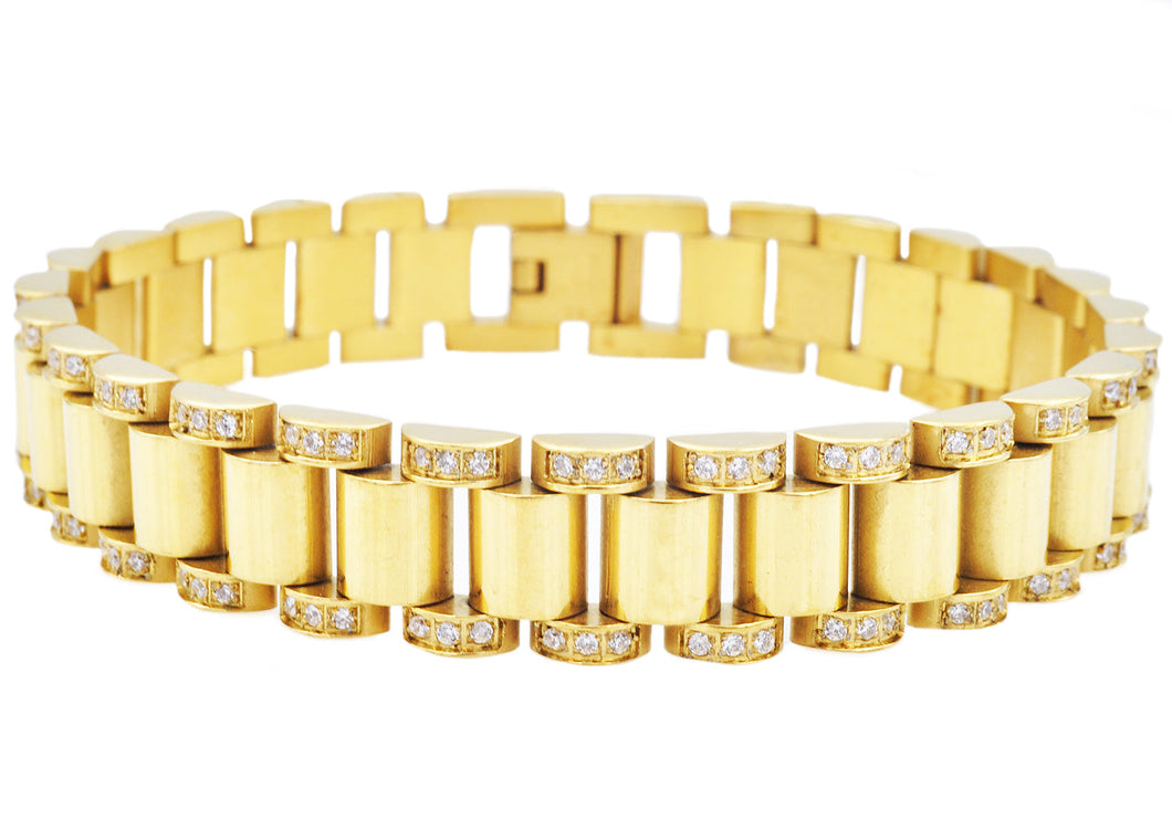 Mens Gold Stainless Steel Link Bracelet With 150 CZs - Blackjack Jewelry