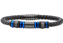 Load image into Gallery viewer, Mens Black Leather Blue Stainless Steel Bracelet With Carbon Fiber - Blackjack Jewelry
