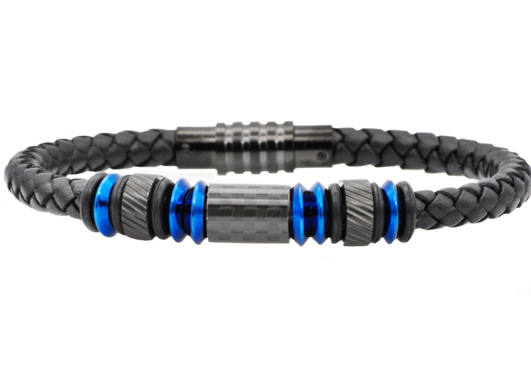 Mens Black Leather Blue Stainless Steel Bracelet With Carbon Fiber - Blackjack Jewelry