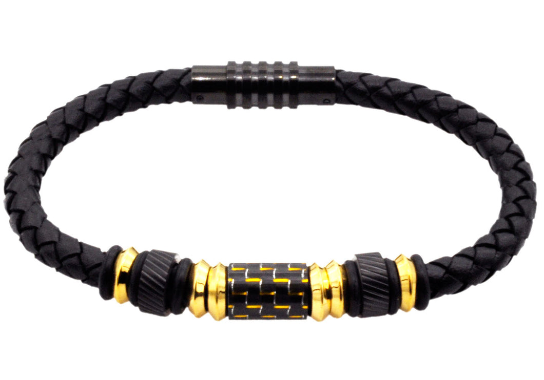 Mens Black Leather Gold Plated Stainless Steel Bracelet With Carbon Fiber - Blackjack Jewelry
