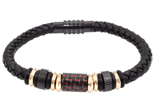 Mens Two-Tone Black and Red Leather Stainless Steel Bracelet