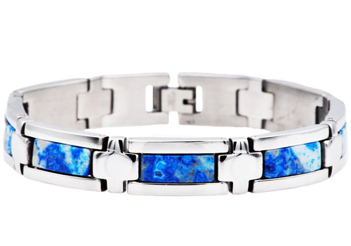 Mens Genuine Blue Lace Agate Stainless Steel Bracelet - Blackjack Jewelry