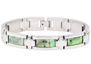 Mens Genuine Green Lace Agate Stainless Steel Bracelet - Blackjack Jewelry