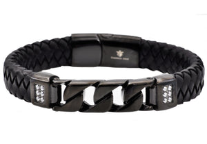 Mens Black Leather And Black Stainless Steel Curb Link Bracelet With Cubic Zirconia - Blackjack Jewelry
