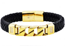 Load image into Gallery viewer, Mens Black Leather And Gold Stainless Steel Curb Link Bracelet With Cubic Zirconia - Blackjack Jewelry
